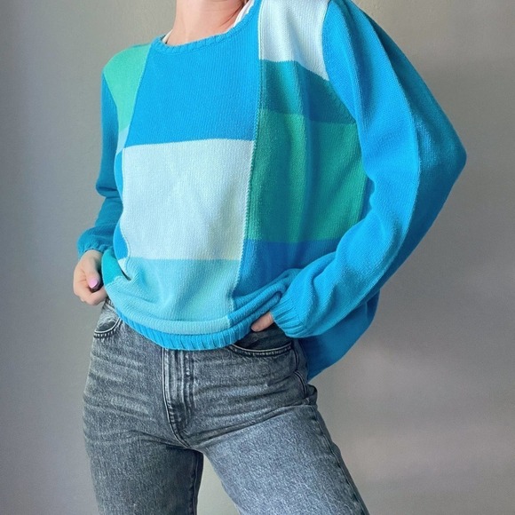 Vintage Sweaters - Vintage Blue Turquoise Color Block Knit Crewneck Sweater